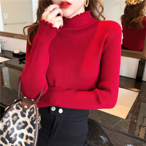 Ruffled Half-high Collar Long Sleeves Knitwear