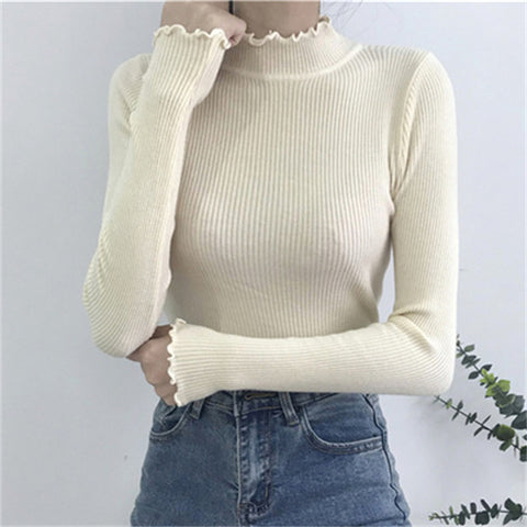 Ruffled Half-high Collar Long Sleeves Knitwear