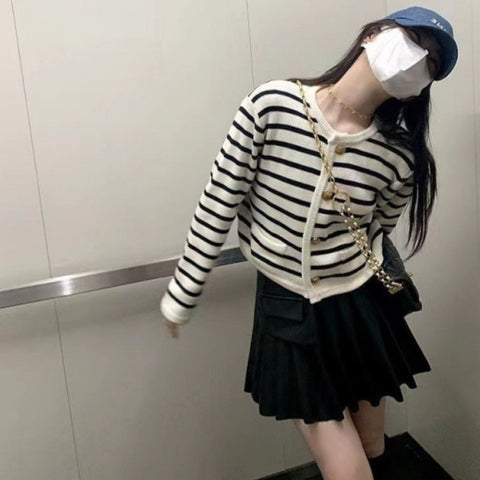 Color Blocking Striped Round Neck Small Fragrant Style Knitted Sweater