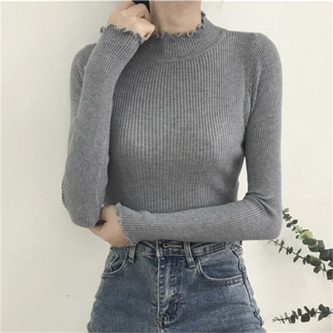 Ruffled Half-high Collar Long Sleeves Knitwear