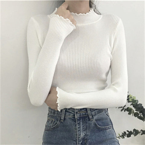 Ruffled Half-high Collar Long Sleeves Knitwear