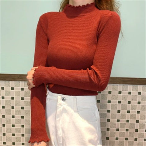 Ruffled Half-high Collar Long Sleeves Knitwear