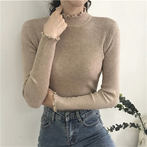 Ruffled Half-high Collar Long Sleeves Knitwear