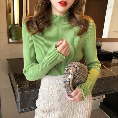 Ruffled Half-high Collar Long Sleeves Knitwear