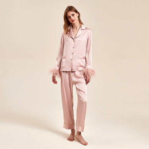 Removable Feather Ice Silk Pajamas Women Ostrich Feather Home Wear Suit