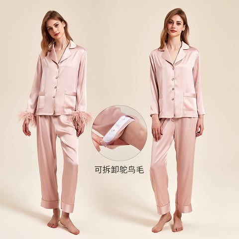 Removable Feather Ice Silk Pajamas Women Ostrich Feather Home Wear Suit