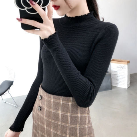 Ruffled Half-high Collar Long Sleeves Knitwear