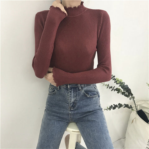 Ruffled Half-high Collar Long Sleeves Knitwear