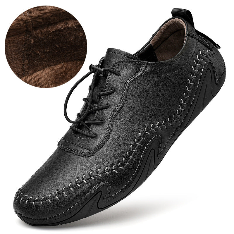 Leather Winter Warm Fleece-lined Convenient Elastic Buckle Leather Shoes