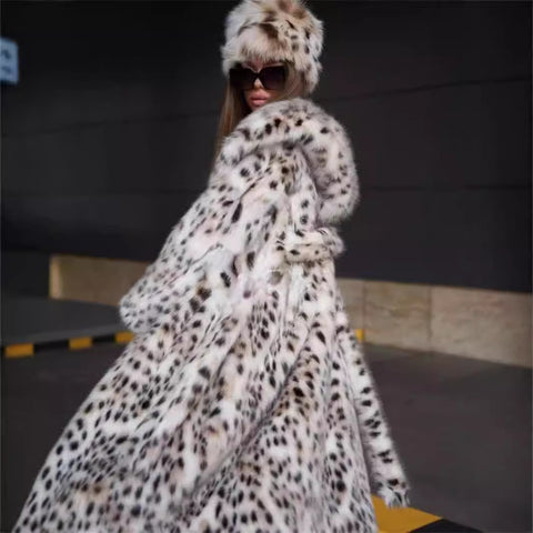 Leopard Print Hooded Toka Long-cut Thick Warm Mink Velvet Trench Coat